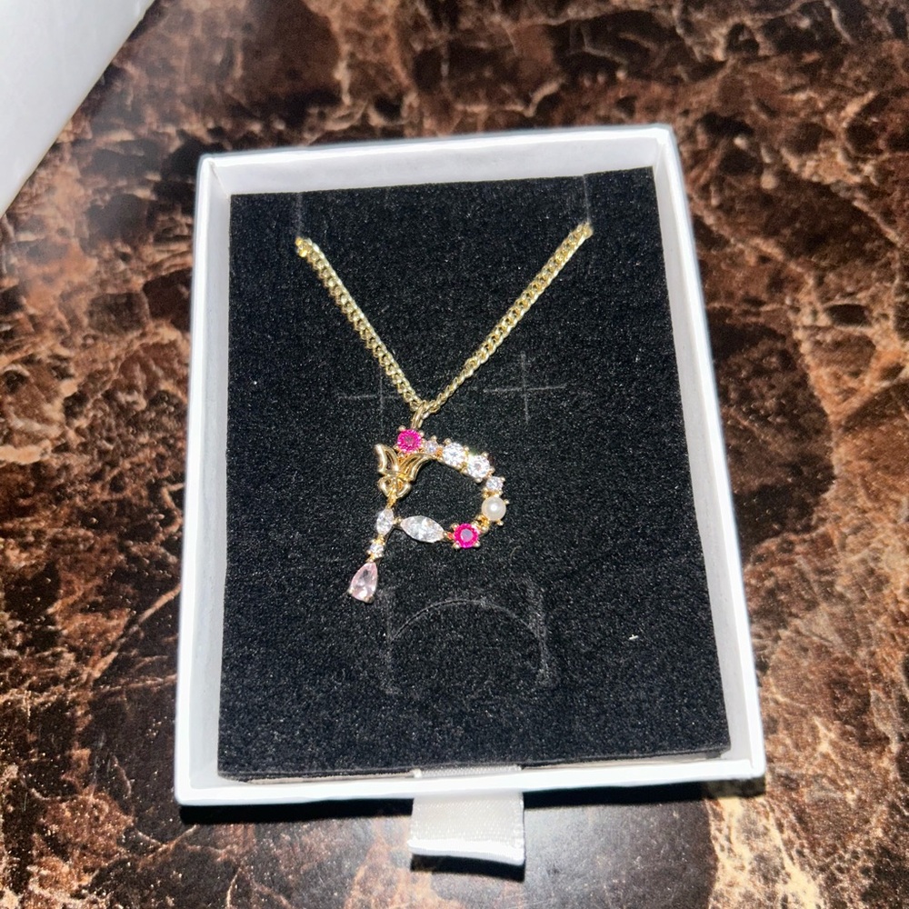 Brand New Elegant “P” Gold Necklace with Pink and White Accents
